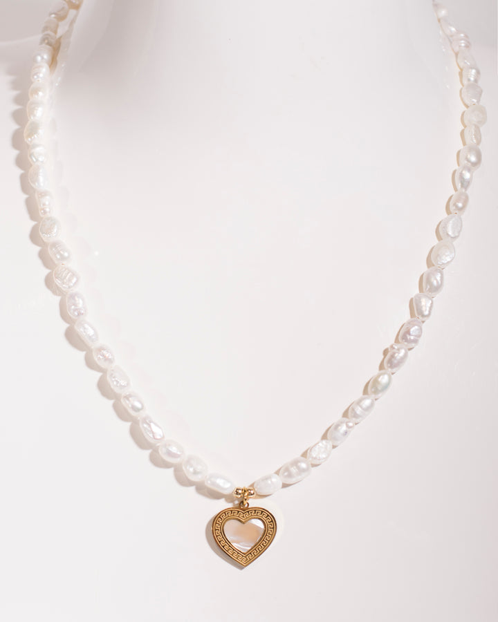 Natural Pearl Necklace with Gold Heart Pendant